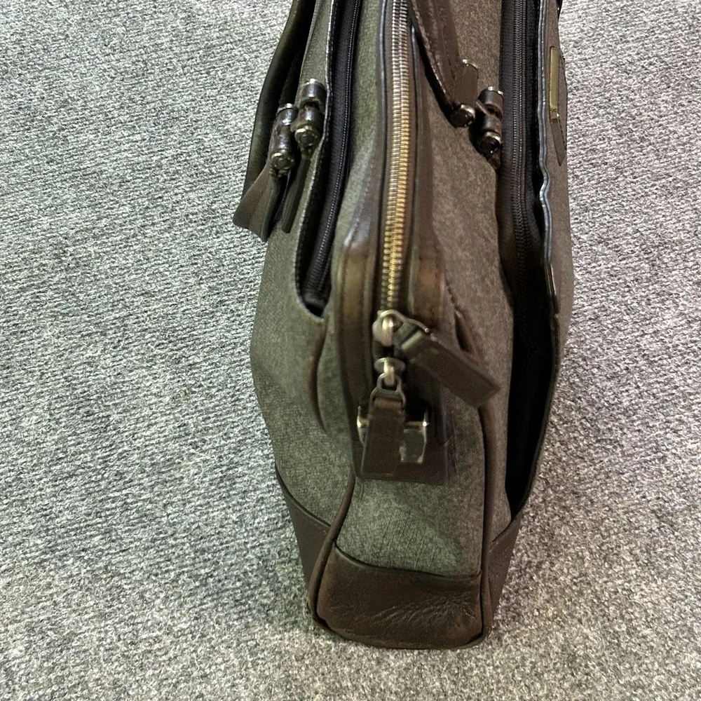 TUMI Gray Brown Leather Trim Laptop Briefcase Messenger Business Travel Bag